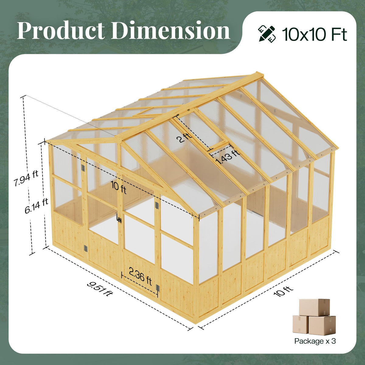 Jocisland 10x10 Ft Wood Greenhouse, Wooden Greenhouse for Outdoors with Lockable Door, Walk-in Cedar Greenhouse with Adjustable 2 Roof Vents, Polycarbonate Greenhouse for Outdoors, Garden, Backyard