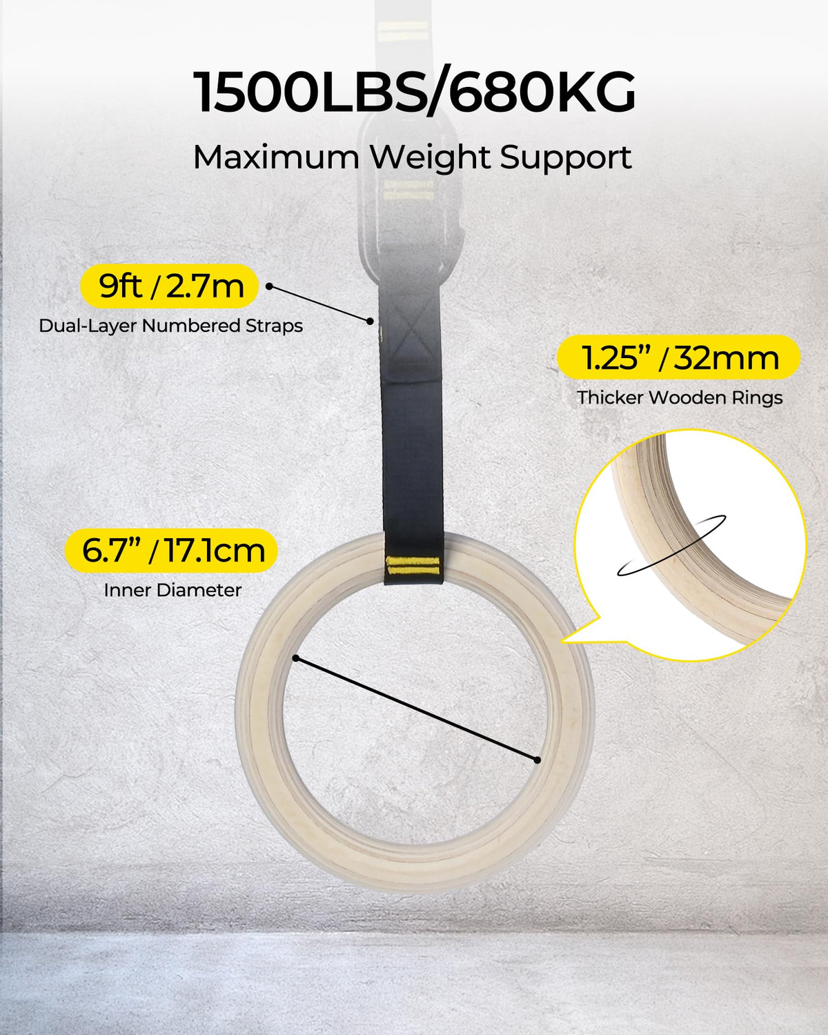 PACEARTH Gymnastics Rings 32mm Wooden Olympic Rings Support 1500lbs Locked Carabiners 9ft Double-Layer Numbered Straps Non-Slip Gym Rings with Foot Straps Door Anchor for Home Gym Full Body Workout