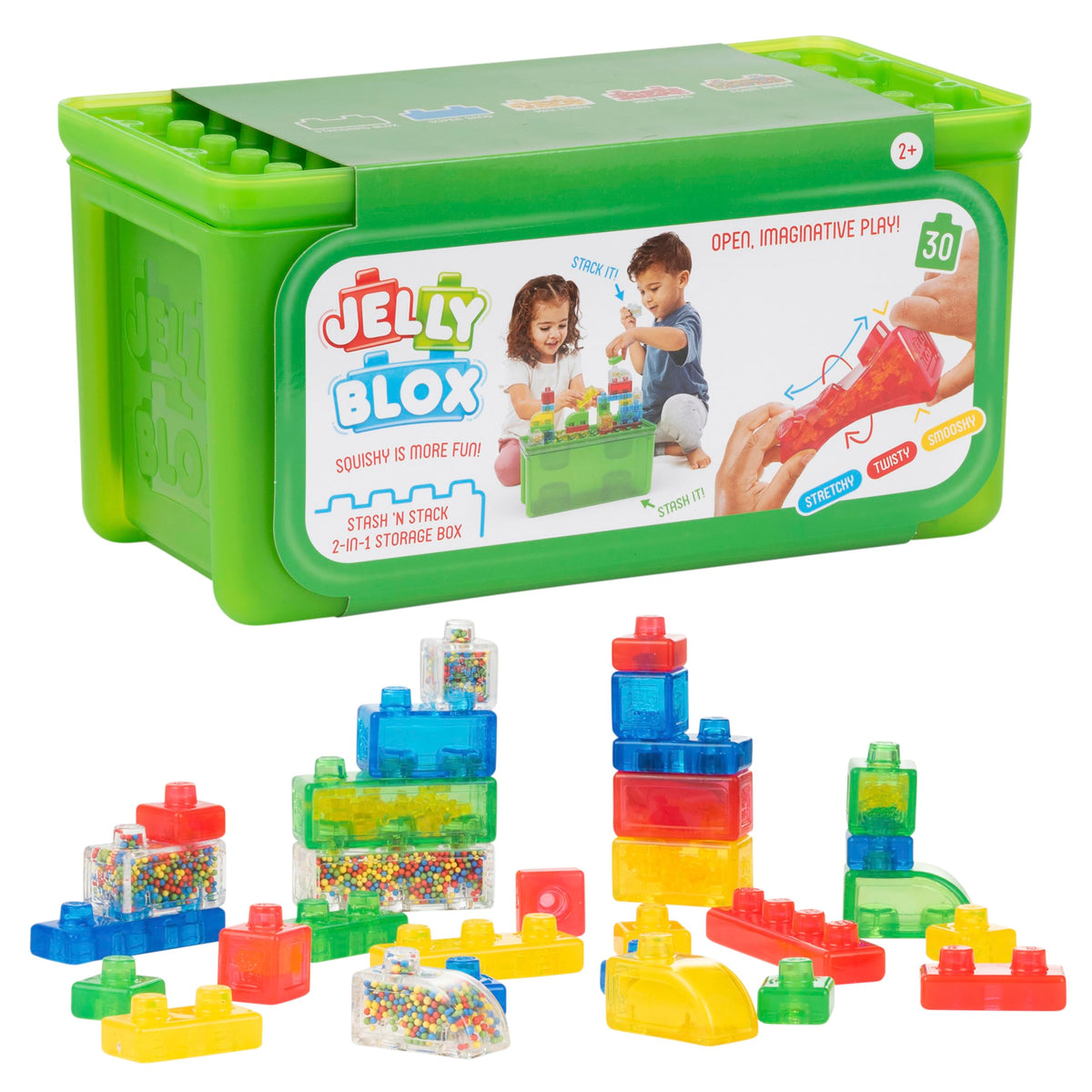 Jelly Blox Stash 'N Stack 2-in-1 Storage Case with 30 Blocks | Toddler & Preschool Building Blocks Kids Can Squeeze & Stretch | MESH ACCREDITED | Safety Tested & Ouch-Free | Sensory Play Toy Ages 2+