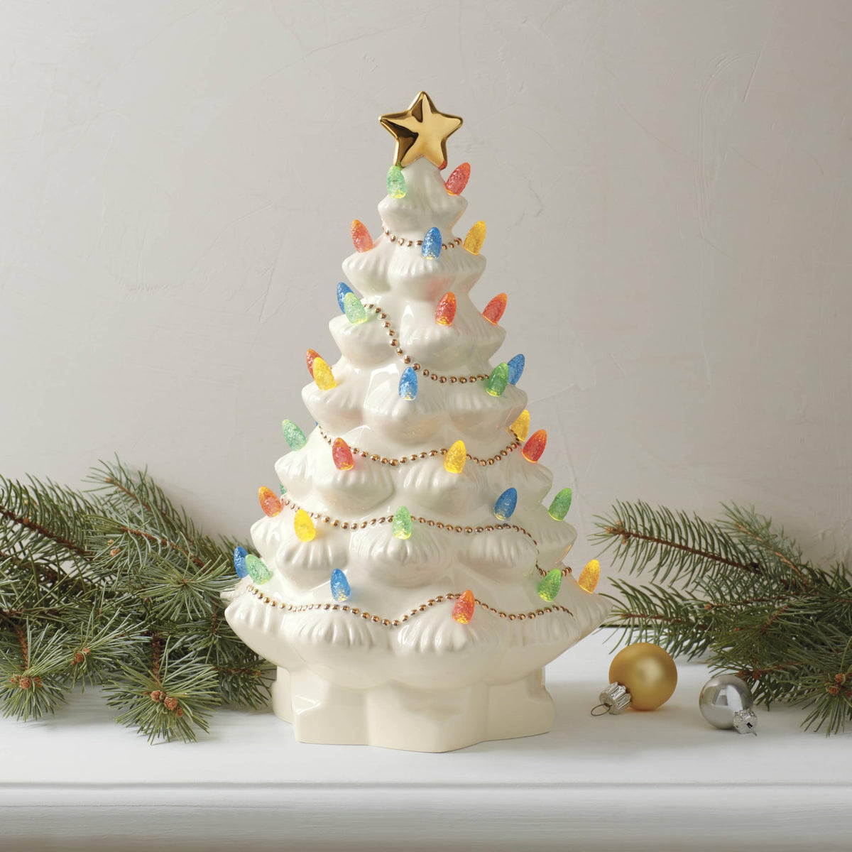 Lenox Figurine, Treasured Traditions Ivory Light-Up Ceramic Christmas Tree Figurine, Christmas Decorations, Holiday Winter Decor Indoor (Ivory, 1 Piece, 8.82-Inch Height) 3 AAA Batteries Not Included