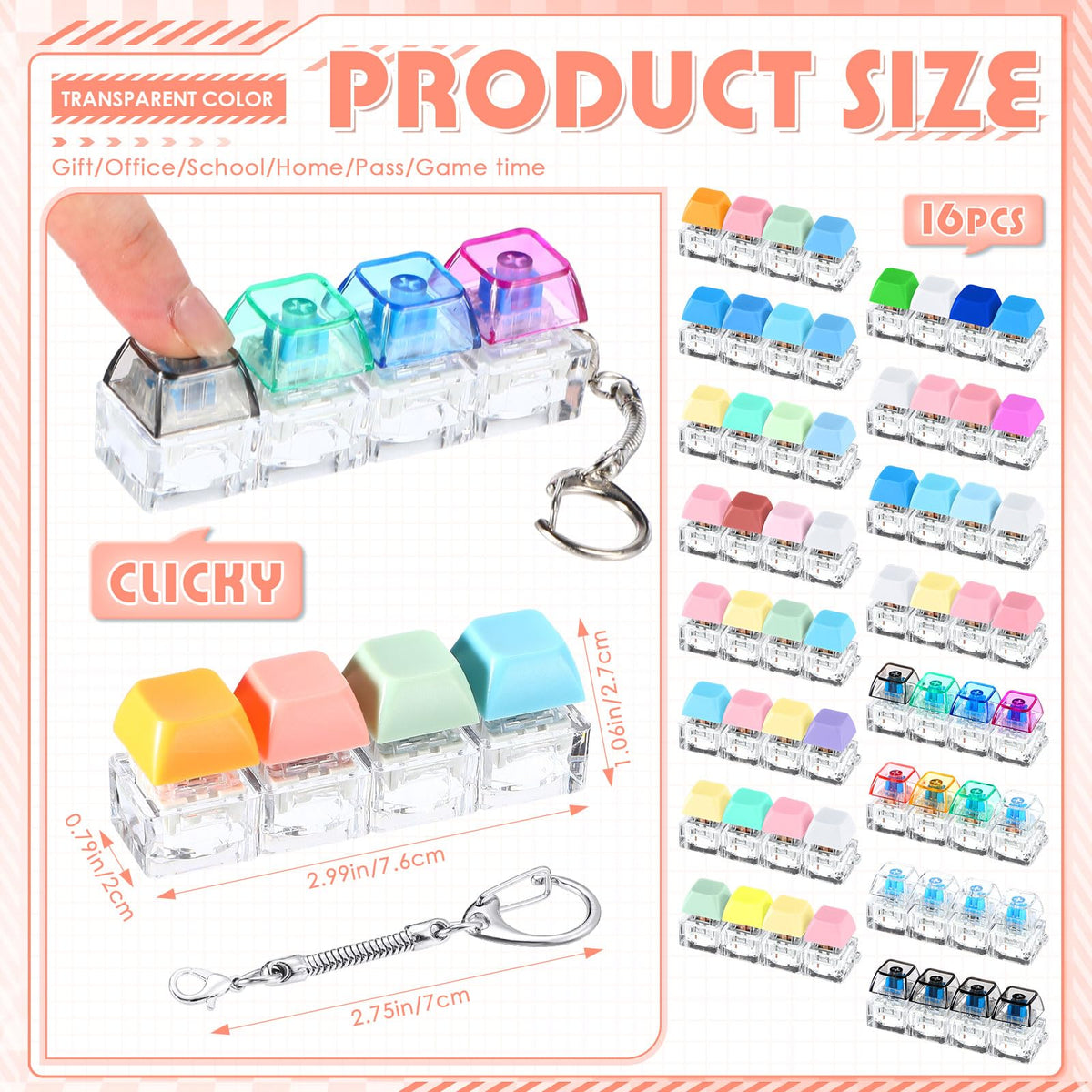 Halloscume 16 Pcs Click Sound Keyboard Adult Fidget Clicker Toy 4-in-1 Keyboard Fidget Keychain Cube Mechanical Key Button Clicker Stress Relief Gift for Office School Home to Pass the Time