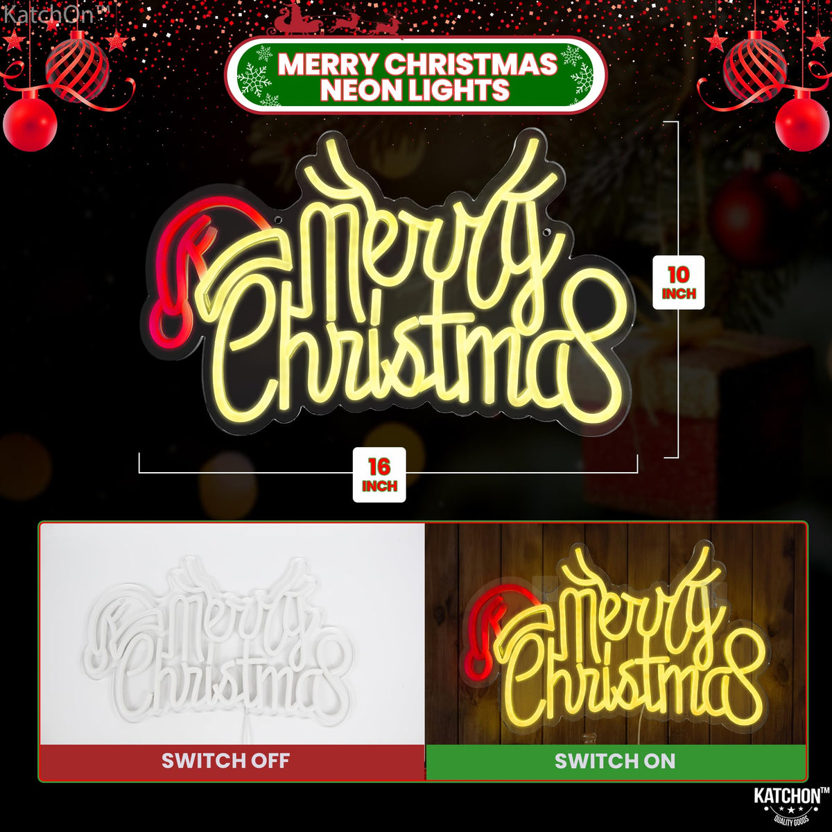 KatchOn, Large Merry Christmas Neon Signs - 16x10 Inch | Window Christmas Decorations Indoor | Xmas Party Decorations, Holiday Decor | Santa Hat Sign USB Powered LED Lights