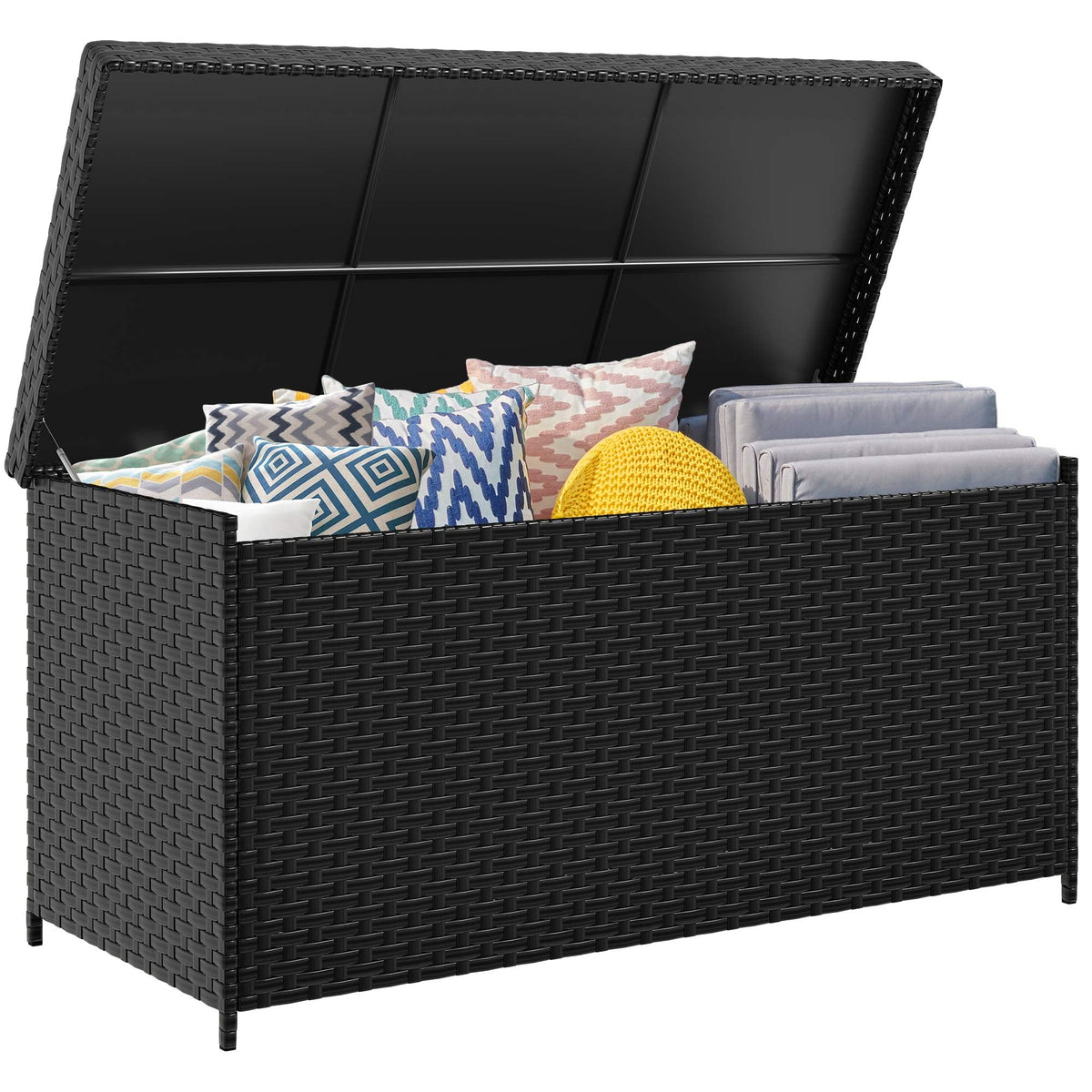 DWVO 260Gal XXL Outdoor Storage Box | All-Weather PE Wicker Deck Box with Waterproof Inner Bag & Elevated Feets | Patio, Pool, Garden Tools Container (Black)