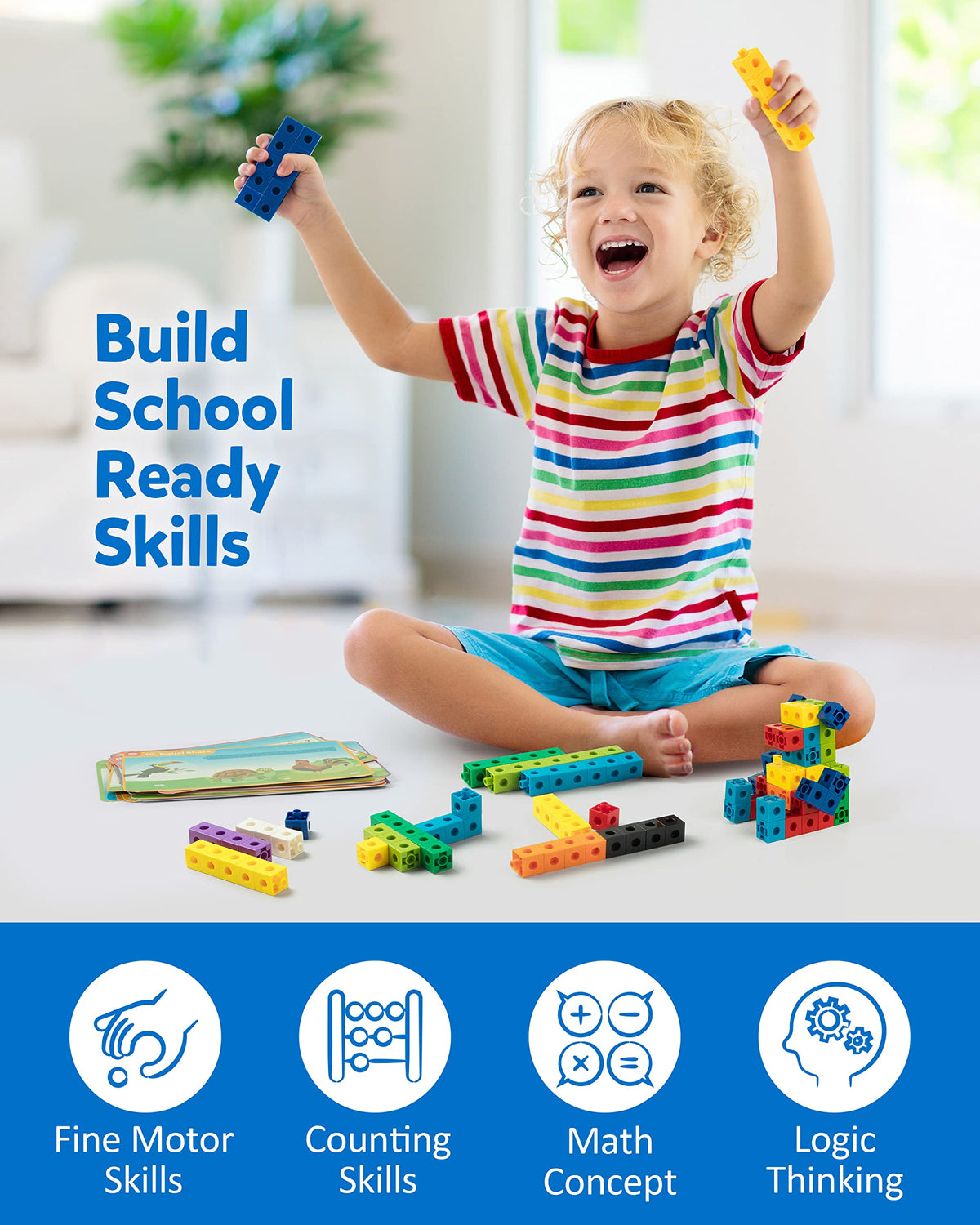 Coogam Math Manipulatives, Math Game for Kids 3-8 with Number Counting Snap Linking Cube, 1st Grade Math Flashcards Toy Gift for Preschool Learning