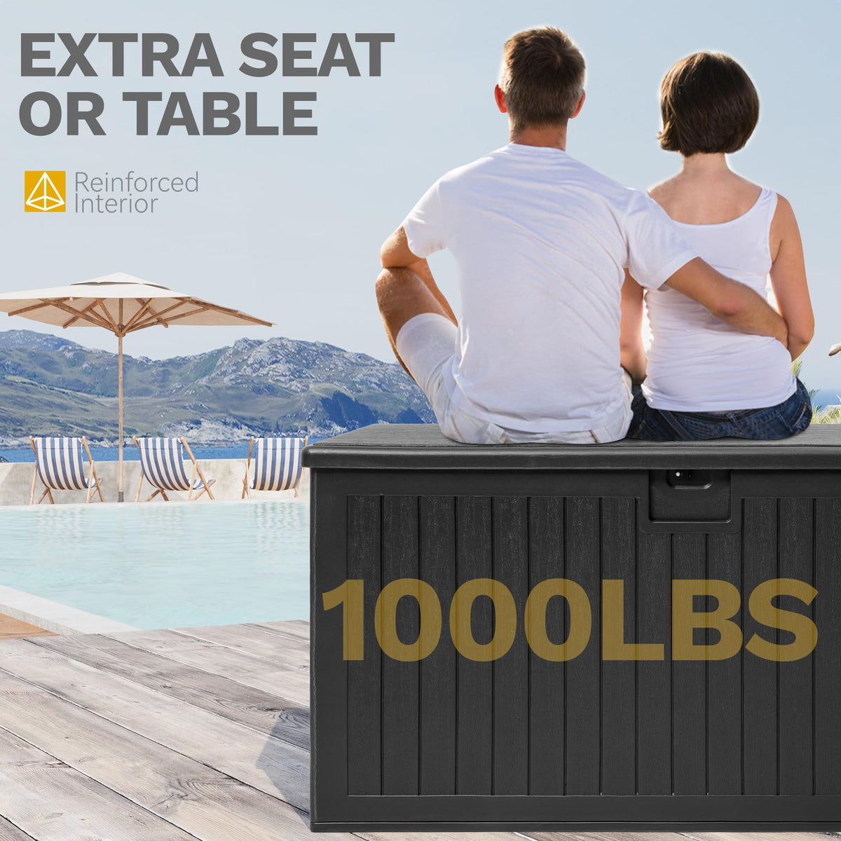 DWVO 260 Gallon Resin Outdoor Storage Box, XXL Double-Wall Waterproof Deck Box with Divider, Doubles as Table or Seating with 1000 lbs Capacity, Lockable (Black)