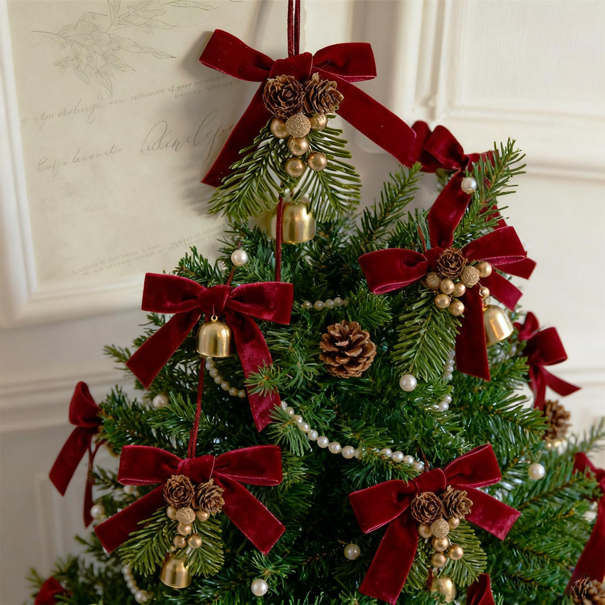 24 PCS Red Velvet Bows for Christmas Tree, Red Velvet Bows with Gold Ties, for Christmas Tree Party Front Door Wreath Holiday Indoor Inside Decor