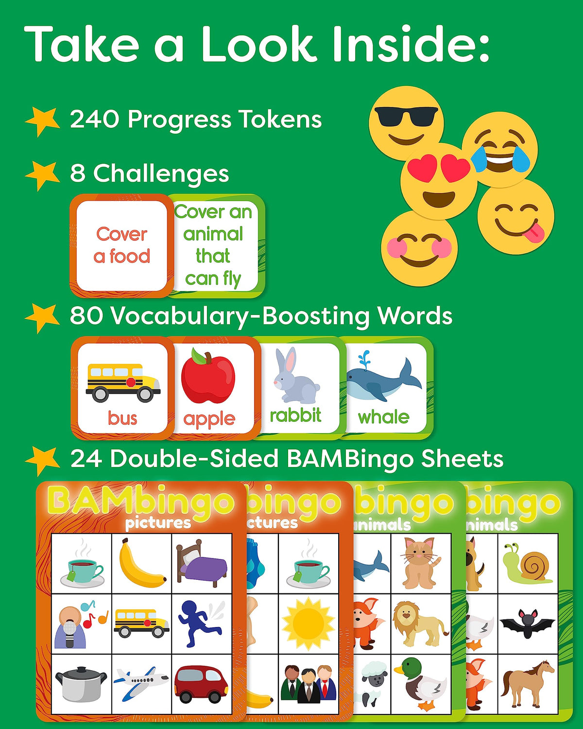 THE BAMBINO TREE Animal and Picture Bingo Game for Kids - Flash Cards Matching Learning Board Game for Ages 3-6 Preschool, Kindergarten & Family Fun