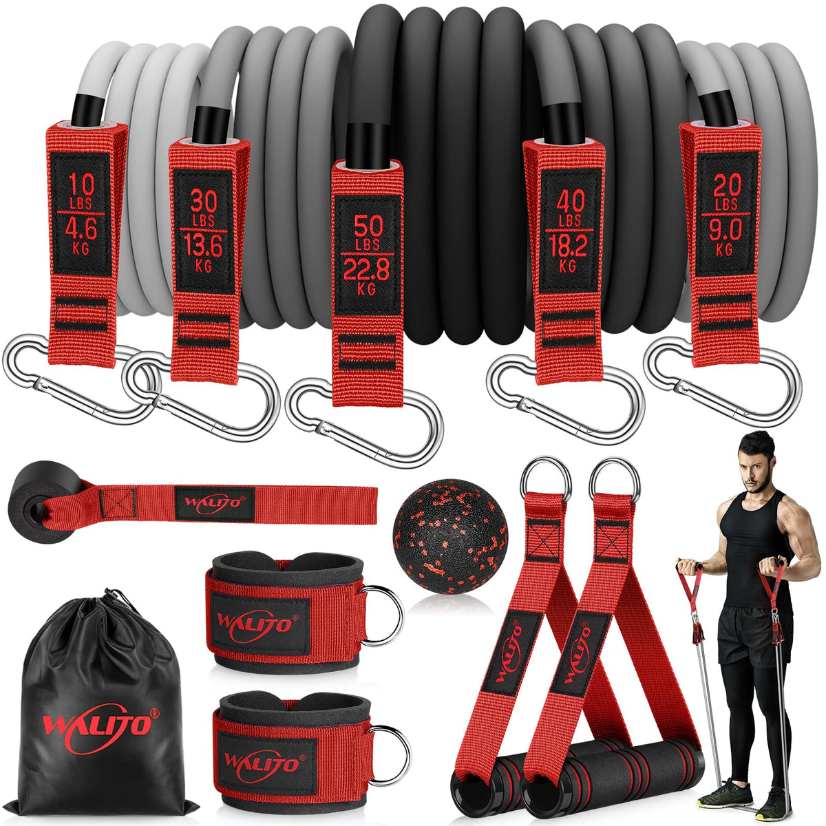 WALITO Resistance Bands Set - Exercise Bands with Handles, Door Anchor, Legs Ankle Straps, for Heavy Resistance Training, Physical Therapy, Muscle Training, Yoga, Home Workouts, Gym (Red 150Lbs)