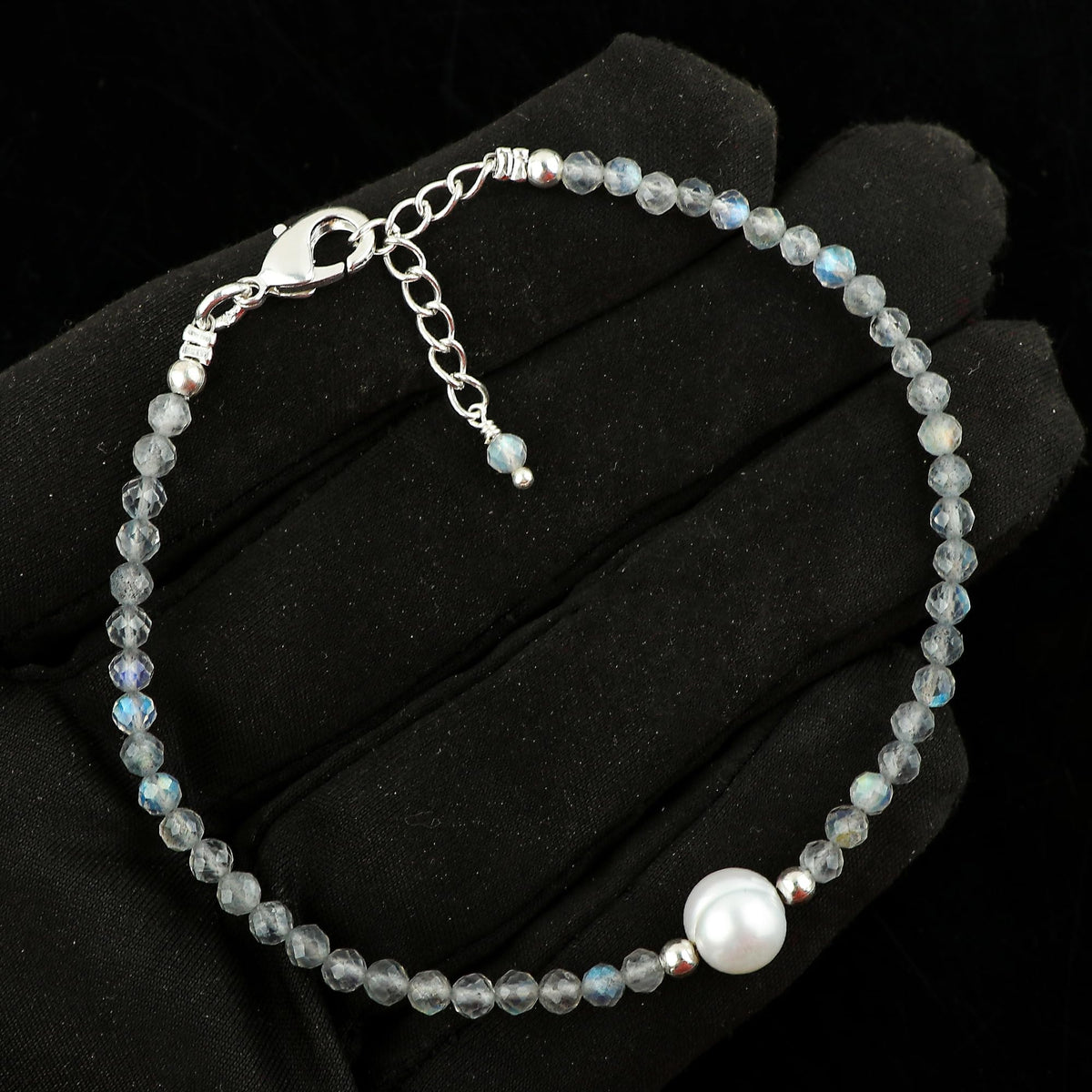 CRYSTALINES Natural Labradorite Gemstone Bracelet, Cultured Pearls Beads Stones, Handmade Hypoallergenic Boho Jewelry for Women, Healing Crystals, Adjustable Silver Plated 7+1inch, Birthday Gift