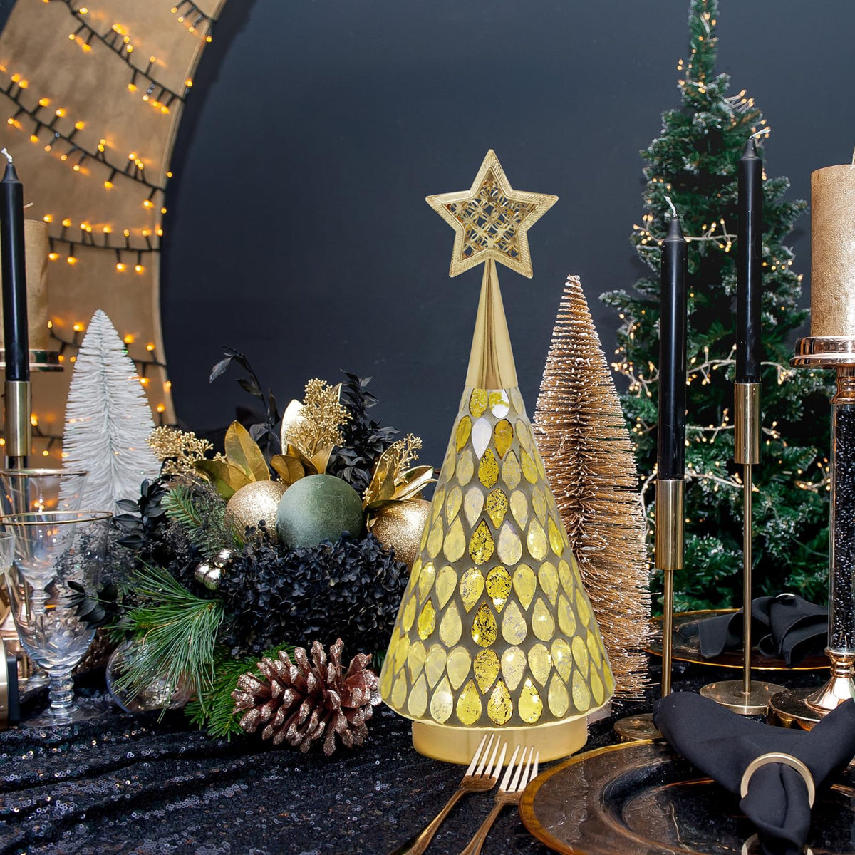Gold Mosaic Glass Christmas Tree with Star, 2 PCS Small Tabletop Christmas Trees with Light, Battery Operated Xmas Tree for Mantel Decor 11"