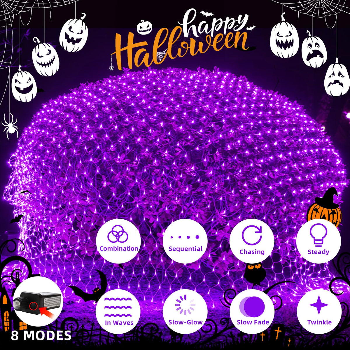 HeKation Halloween Net Lights Outdoor, Purple Halloween Net Mesh Lights 200 Led Bulbs Waterproof, for Indoor, Curtain, Tree, Bush, Party, Wedding, Fairy, Wall(9.8'x6.6', Plug in)