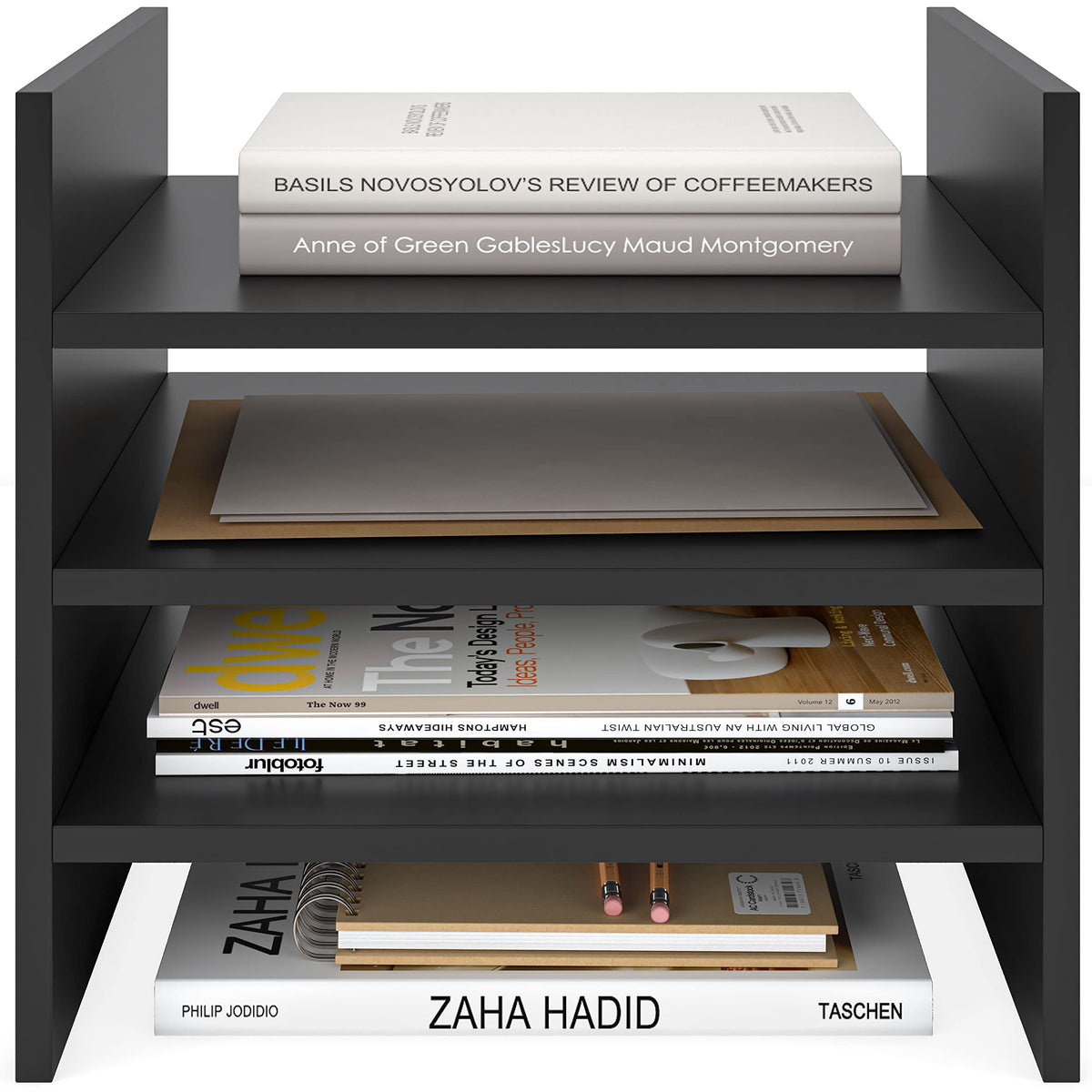Ballucci 4-Tier Paper Sorter and File Organizer for Desk, Wood Mail Sorter, Fits into IKEA Kallax and ClosetMaid Cube Storage Shelves, Paper Tray, Mail Holder Stand for Classroom, Office, Black
