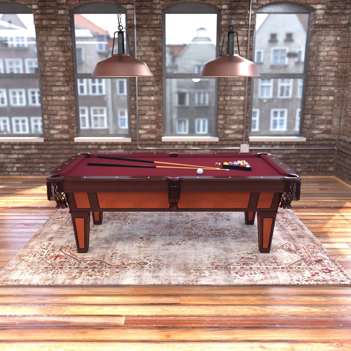 Fat Cat Reno 7.5 Foot Pool Table, Billiard Table with Accuslate Surface, K66 Bumpers, Dark Cherry Finish, Includes Cues and Balls