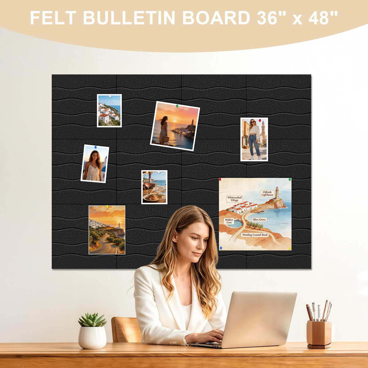 AKONEGE Felt Bulletin Board Tiles 12 Pack, 48" x 36" Cork Board Alternative, DIY Pin Board Wall Tiles for Photo Wall, Vision Board, Dorm Room & Home Office Decor, Stick-On with Adhesive Tabs, Black