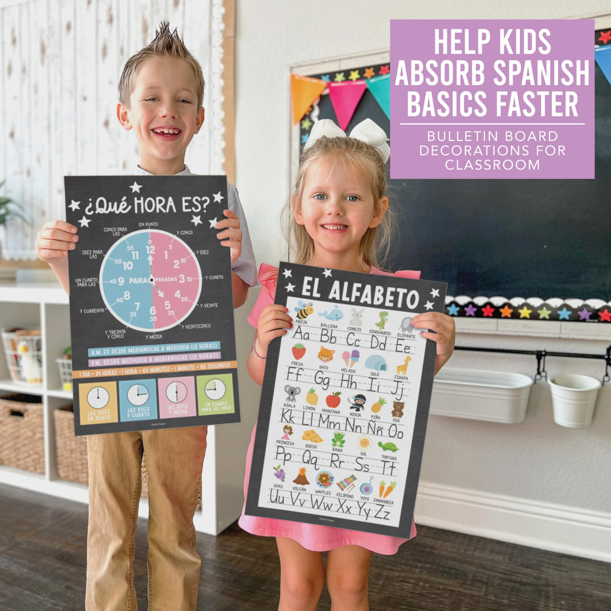 Hadley Designs Spanish Posters for Classroom -12 Bilingual Educational Posters for Spanish Classroom Decorations Must Haves, Calendario y Alfabeto en Español Para la Pared, Chalkboard Teacher Supplies