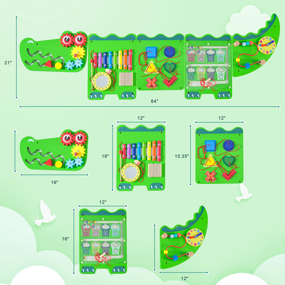 nigwet Crocodile Sensory Toys Activity Wall Panels, Educational Montessori Busy Board for Toddlers, Activity Cube - Sensory Wall, Wooden Learning Toys, Interactive Toy-Green