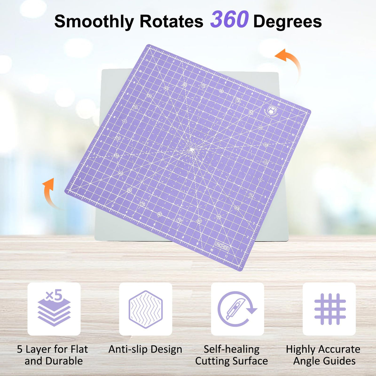 Headley Tools 12"x12" Rotating Cutting Mat, Self Healing Mat with 360-Degree Rotation & Anti-Slip Base, Sewing Board Cutting Mat Perfect for Fabric Quilting Leather Hobby Project, Purple