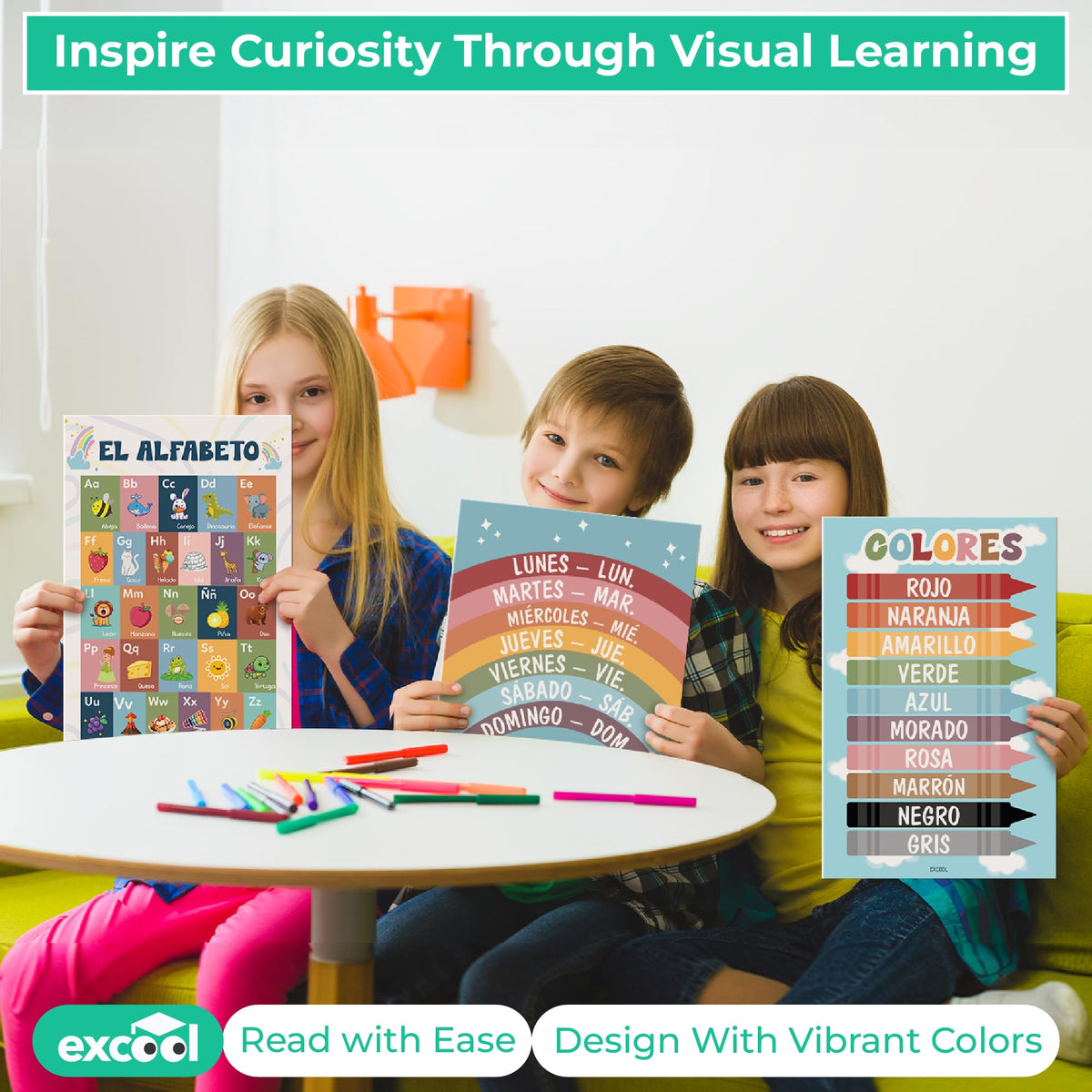 EXCOOL CLUB 32 Spanish Classroom Posters For Elementary - Colorful Bilingual Educational Posters For Toddlers 1-3, Laminated Learning Poster Preschool Must Haves, Abecedario Para Niños En Español