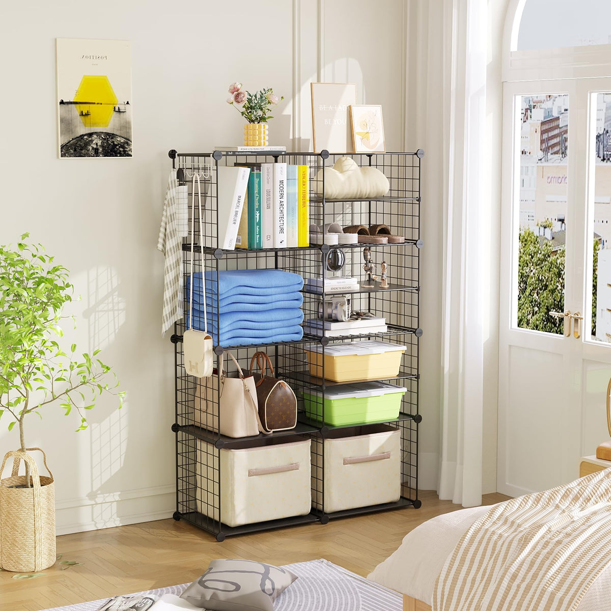 C&AHOME Wire Cube Storage Unit, Interlocking Metal Wire Organizer with Divider Design, Modular Cabinet with Plastic Panels, Bookshelf Stackable Closet Organizer with Small Hooks, Black UWCSIM08B