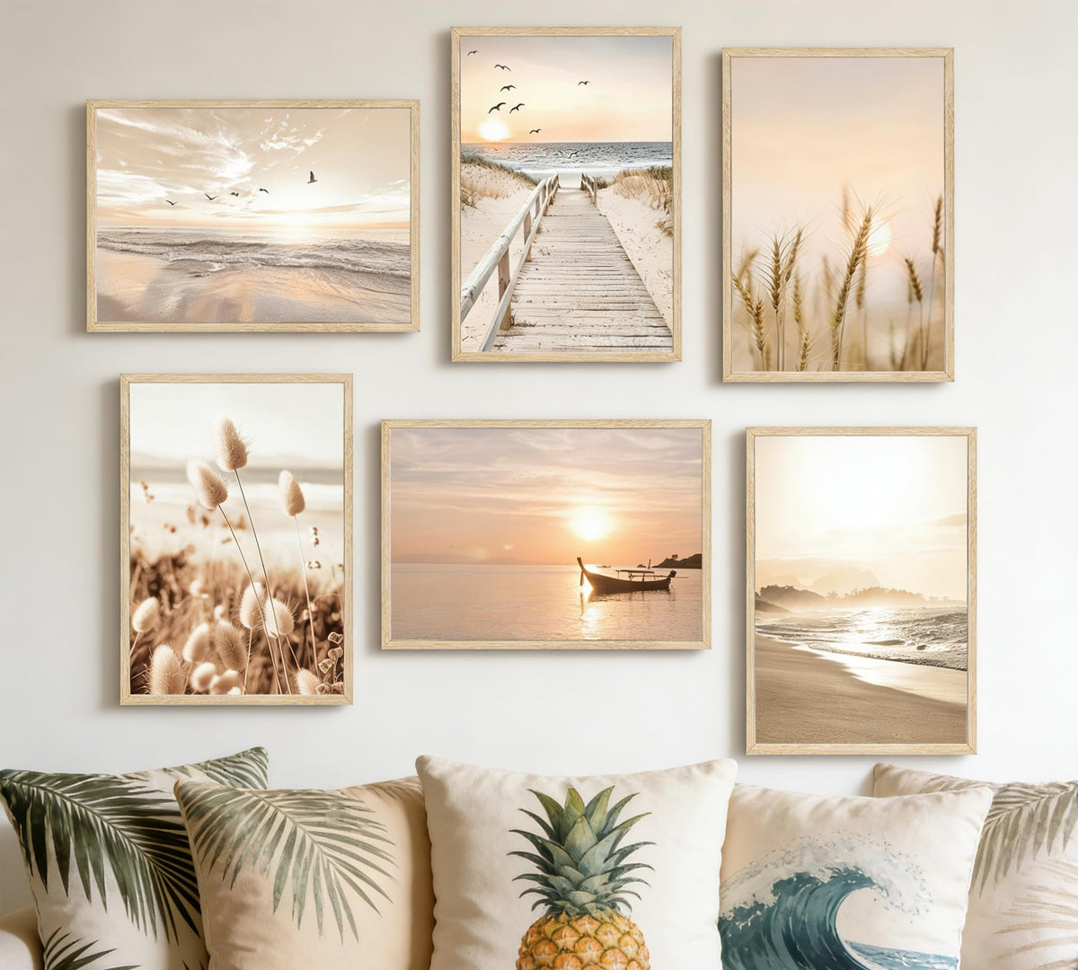 Beach Wall Art Boho Coastal Wall Decor, Neutral Beige Ocean Beach Pictures Wall Art, Set of 6 Minimalist Nature Grass Prints for Bedroom Bathroom Living Room, Unframed Canvas Posters 12x16in