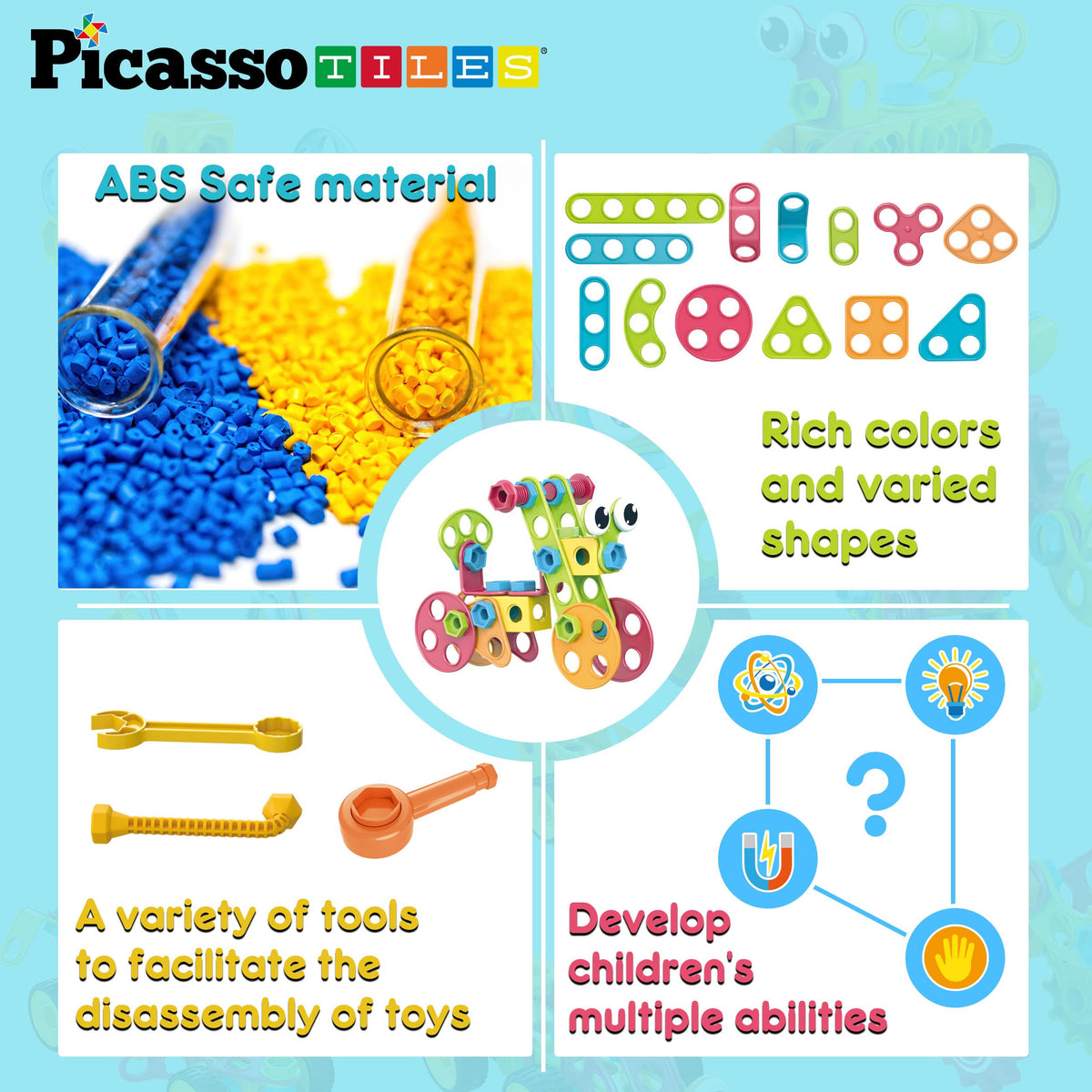 PicassoTiles 115 Piece Building Blocks Set Kids STEM Toy Construction Engineering Sensory Toys Kit Block Children Early Education Playset with FREE IdeaBook, Clickable Ratchet Age 3+ Boys Girls PTN115