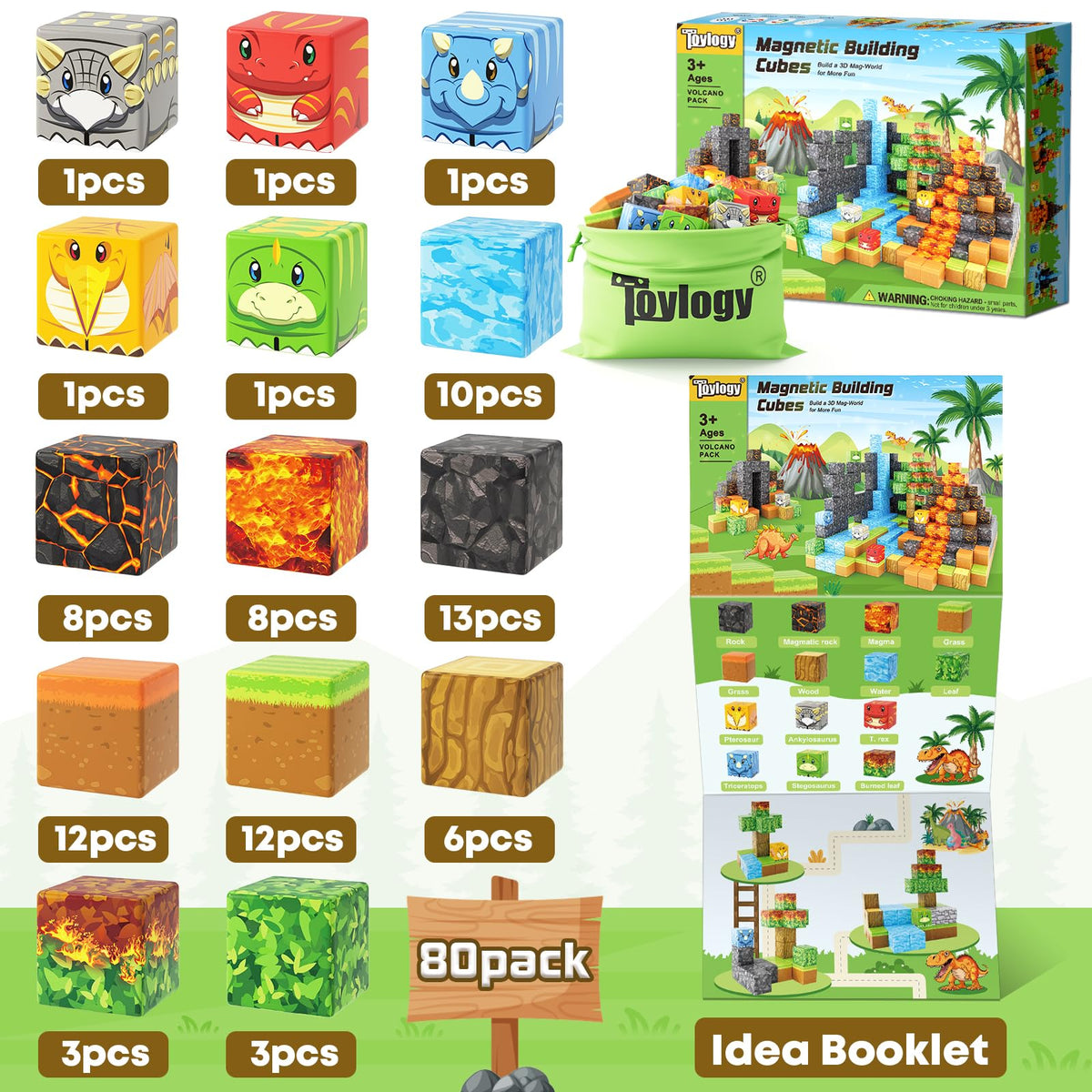 Dinosaur Toys Magnetic Blocks-Build Mine Magnet World Volcano Edition Kids Toy for 3+ Year Old Boys and Girls Building Blocks Toddler Toys Games Through Jurassic Learning Sensory Toy Gifts