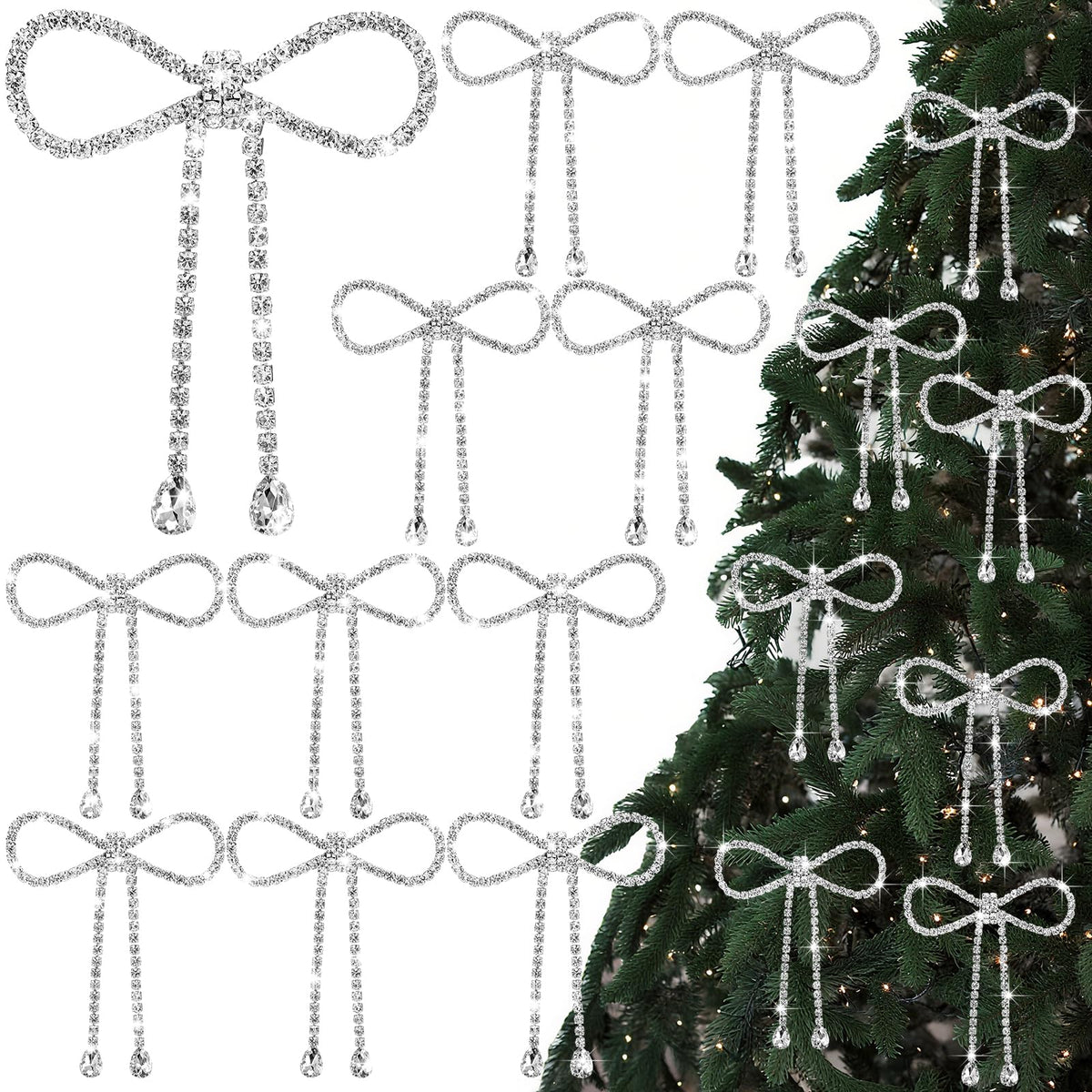 Highergo 12 Pcs Rhinestone Christmas Bows Ornaments Sparkly Glitter Bow Christmas Tree Ornaments for Xmas Wreath Garland Fireplace Home Decorations(Classic Style,Silver)