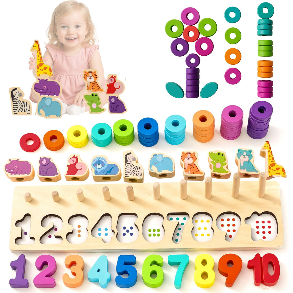 Safari Wooden Number Puzzle – 3 Year Old Girl Gifts, Educational Toys for 4 Year Old, Wooden Puzzles for Toddlers 3+, Learning for 3 Year Olds, Montessori Preschool Activities, Toddler Toys 3-5