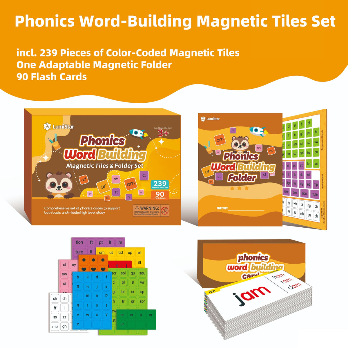 Phonics Word Building Magnetic Tiles Set Phonics Manipulatives Magnetic Letter Tiles Phonemic Awareness Science of Reading Educational Learning Kit with 239 Foam Tiles, 90 Flash Cards, Magnetic Folder