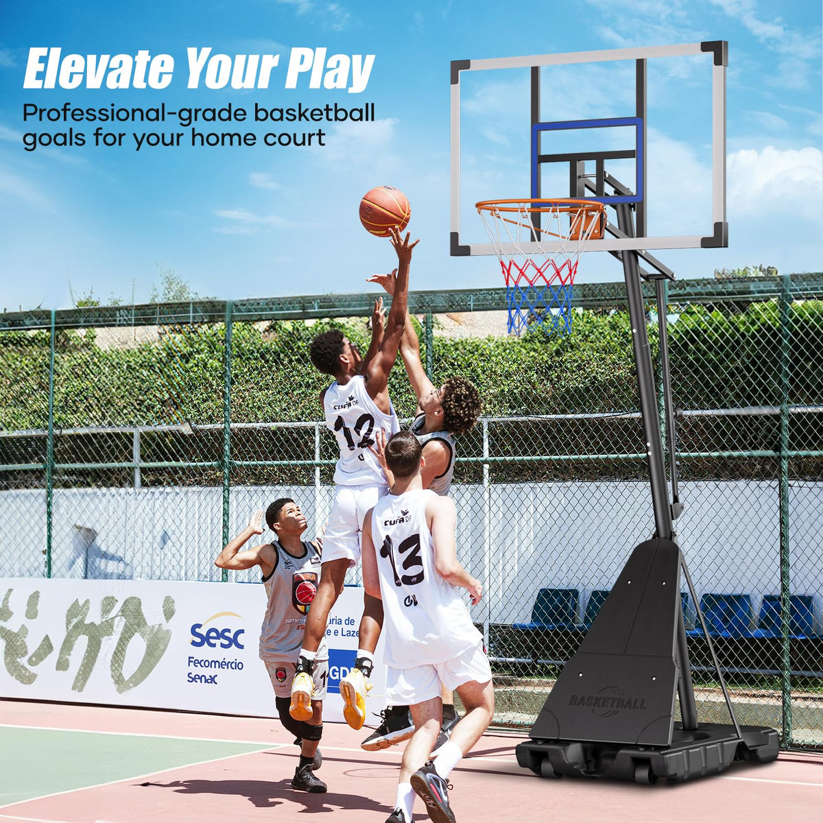Asbest Basketball Hoop Outdoor with 44" Shatterproof Backboard, 5.09-10FT Adjustable Basketball Goal System, Portable Hoop with Wheels & Easy Adjustment for Driveway, Backyard, Court (Blue)
