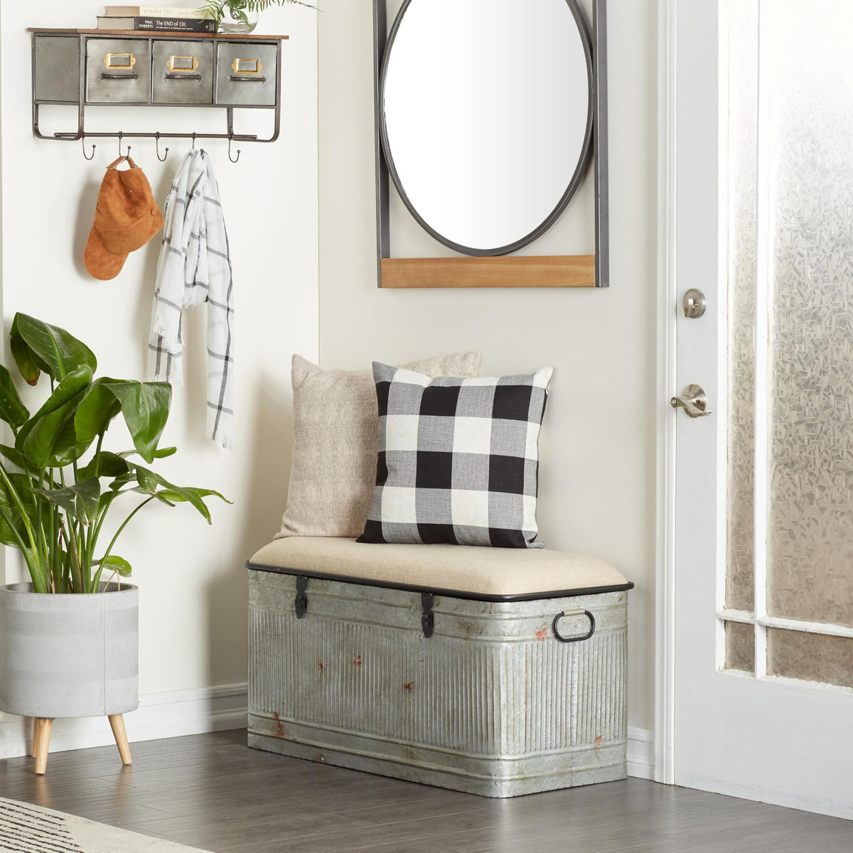 Deco 79 Metal Room Storage Bench Galvanized Entryway Bench with Cream Burlap Top and Black Latches, Bench 38" x 16" x 19", Gray