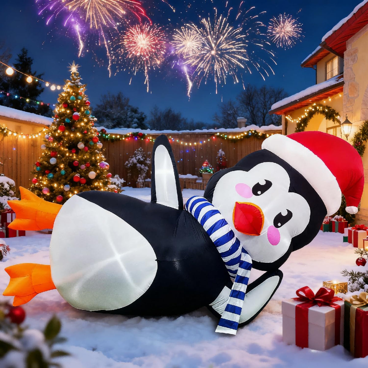 10Ft Christmas Inflatables Outdoor Decoration, Inflatable Penguin with Scarf Laying Down Christmas Blow Ups Yard Decoration for Garden, Lawn, Home Xmas Holiday Season Decor