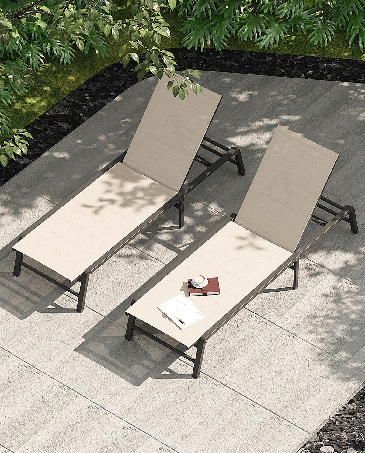 Aluminum Chaise Lounge Chair Outdoor, Foldable Patio Lounge Chair 2 Sets Assemble-Free, Pool Lounge Chairs with 5 Adjustable Backrest, Outdoor Lounge Chairs for Outside Poolside Beach Lawn Beige