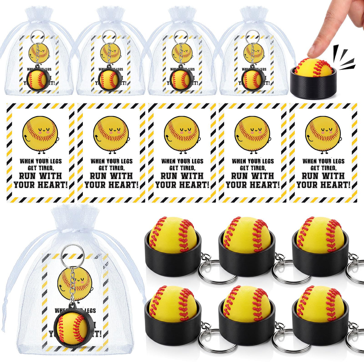 Junkin 12 Set Softball Fidget Clicker Keychain Gifts 3D Printed Softball Sensory Clicker Keychain with Inspirational Cards Anxiety and Stress Relief for Graduation Sports Team Adults Party Decorations