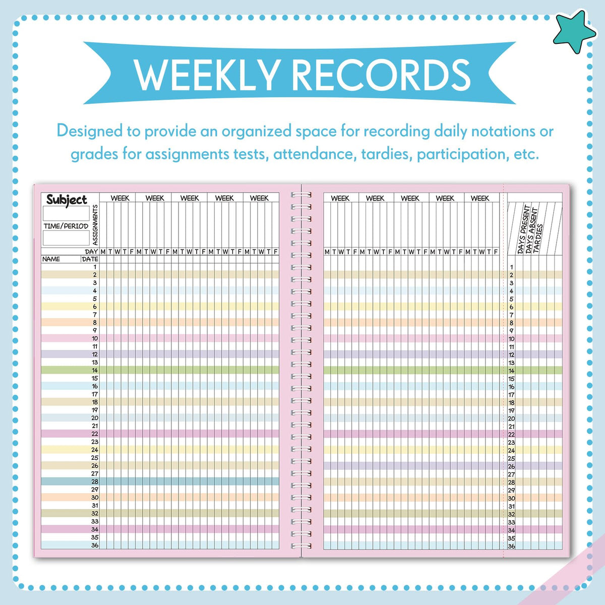 Fuyoooo Teacher Record Book Teacher Grade Books 2026-2027 Spiral Bound Record Planner 2026 Class Grade Book Office Favors for Classroom Attendance Decoration Double Sided(Black,Dots)