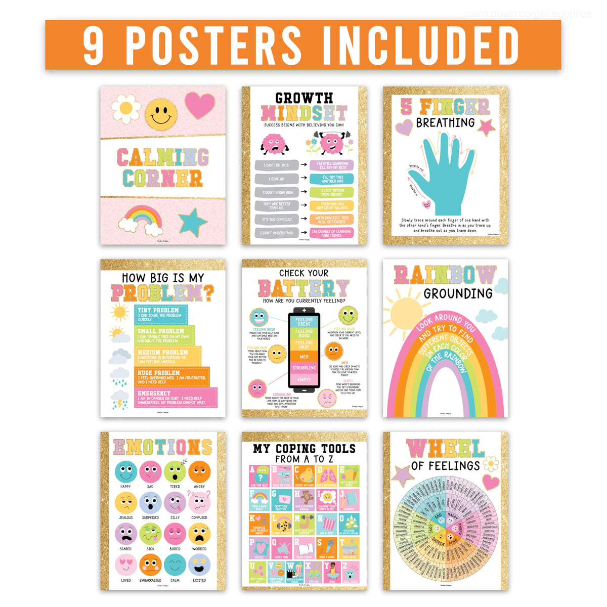 Hadley Designs 9 Calming Corner Posters for Classroom Must Haves - Calm Down Corner Supplies with Emotions Chart, School Counselor Mental Health Poster, Feelings Chart For Kids, Gold Classroom Decor