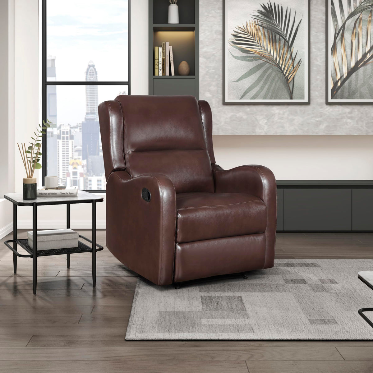 Lexicon Manual Recliner Chair, Reclining Sofa Chair, Home Theater Seating, Wall Hugger, Manual Recliner for Living Room/Office/Apartment, Easy Assembly, Brown Faux Leather