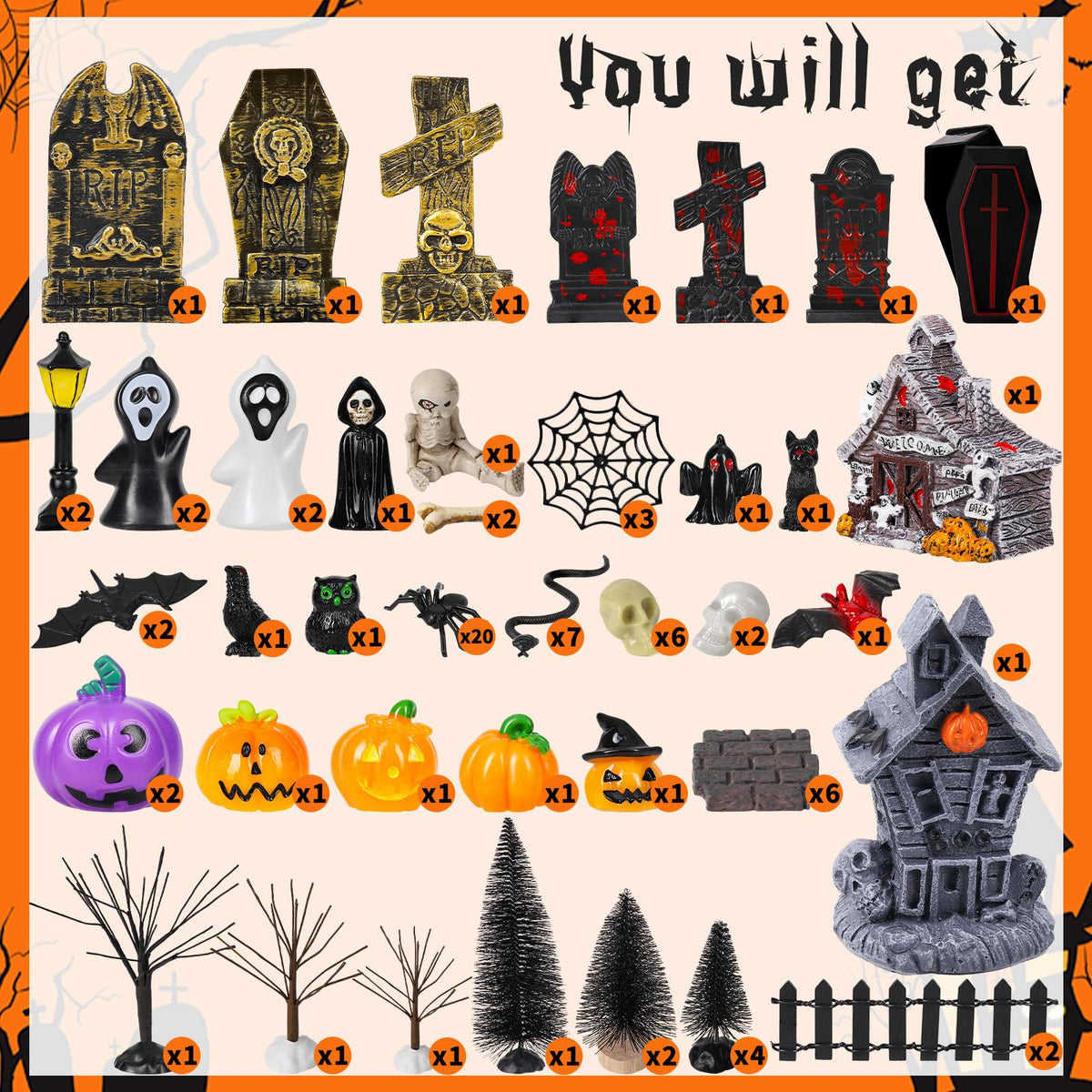 88 PCS Halloween Village Accessories Set Halloween Haunted Houses Village Miniatures Ornaments with Pumpkins Ghost Tombstones Tree Fake Spiders Fence Streetlamp Figurines for Party Home Table Decor