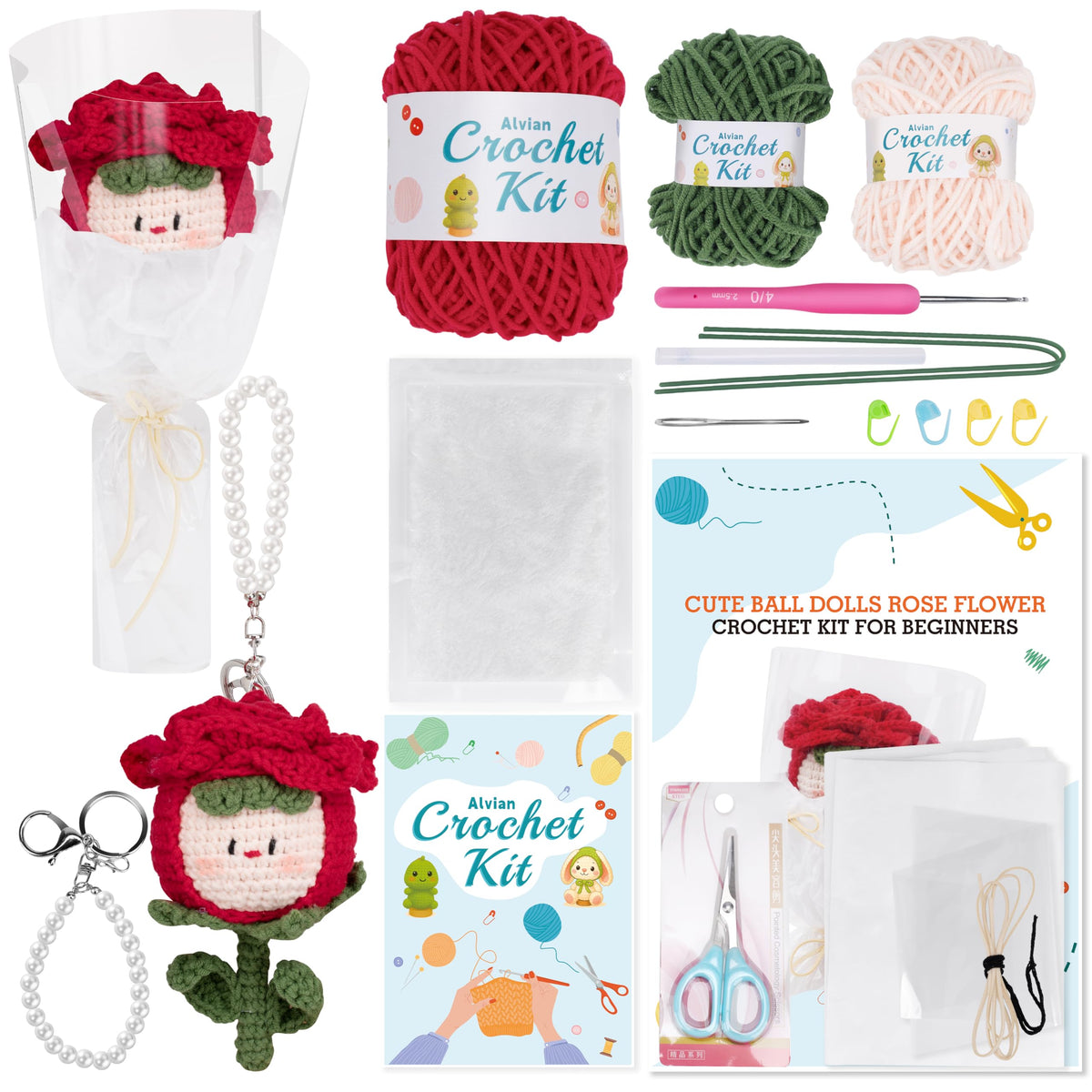Alvian Handmade Crochet Rose Dumpling Fairy with Keychain - Flower Bouquet Beginners Crochet Kit for Valentine's Gifts, Birthday, Anniversary, Everlasting Rose Flower Craft Kit