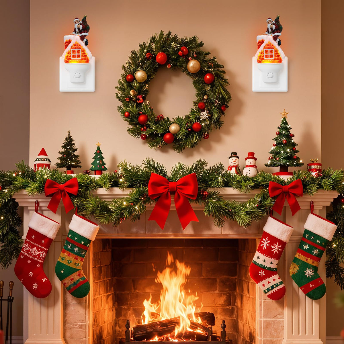Christmas Santa Night Light Plug into Wall Glitter Water Nightlight with USB/Outlet Options, Christmas Decorative Nightlight for Bedroom Kitchen Nursery Hallway Holiday Decorations Gifts (Santa)