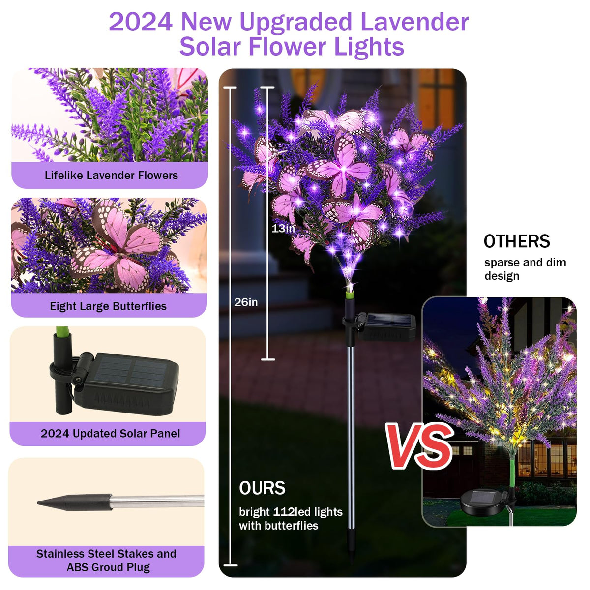 Kohlrabi Solar Garden Lights Outdoor, 6 Pack Purple Lavender Solar Butterfly Lights Gardening Gifts for Women,Artificial Flowers Light Purple Halloween Garden Decor for Patio Yard Lawn Christmas