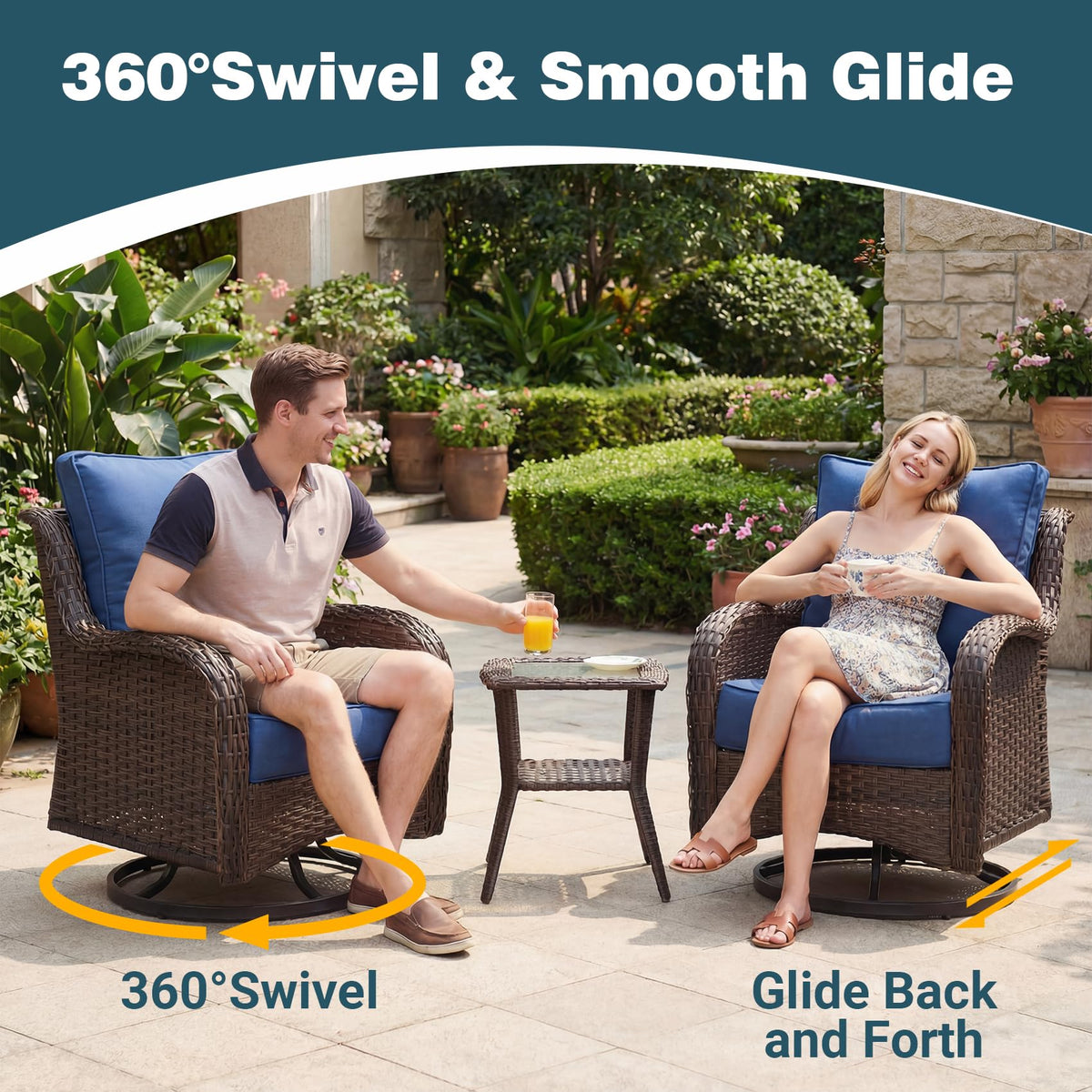 SAILARY Patio Furniture Set, 3PCS Outdoor Wicker Conversation Set Porch Furniture with 6" Thick Cushions, High Back Swivel Chairs, Weather Resistant Olefin Fabric for Garden, Poolside, Navy Blue