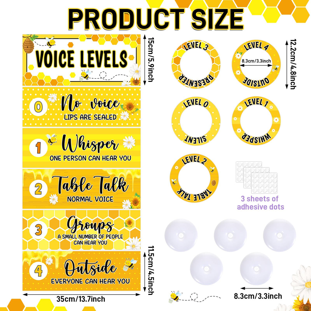 5 Pcs School Push Light and Voice Level Poster Voice Level Chart Monitor Rules Sign LED Tap Light Classroom Rules Poster Noise Chart Classroom Management Tools for Teachers Back to School（Bee Style）