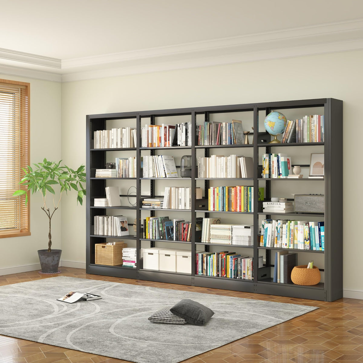 OSEILLC 5-Tier Black Bookshelf, Metal with Adjustable Storage Shelves, Freestanding Bookcases and Bookshelves, Wide Bookshelf for Home Office, Living Room, Including Book Stopper