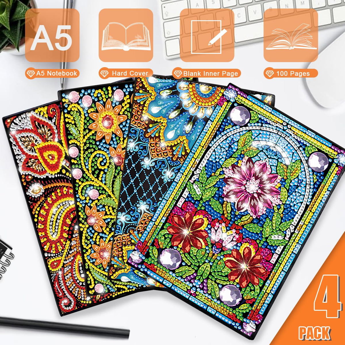 Josongslax Diamond Art Kits for Adults Teens, 4 Pack Diamond Painting Journals Notebooks, DIY 5D Gem Dots Art Crafts for Adults Clearance, Teenagers' Birthdays, Graduation, Christmas Gifts with Tools