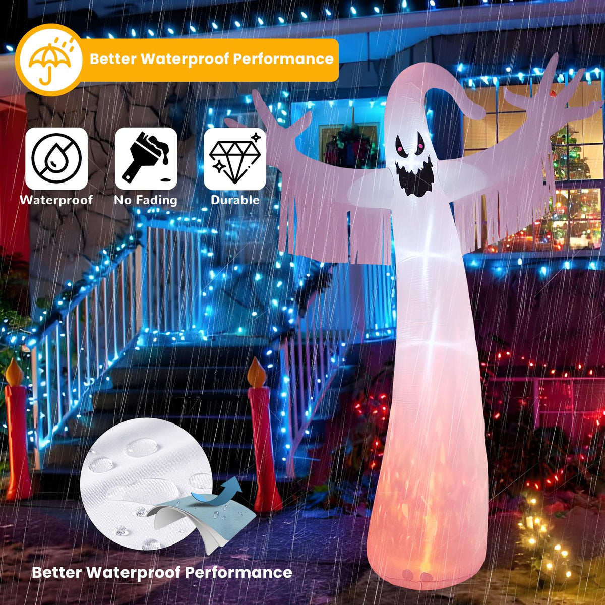 12FT Halloween Inflatables Outdoor Decorations: Inflatable Ghost with Fire Flame and Blinking Red Eyes, Blow up Decor for Yard Garden Lawn Home Holiday Party