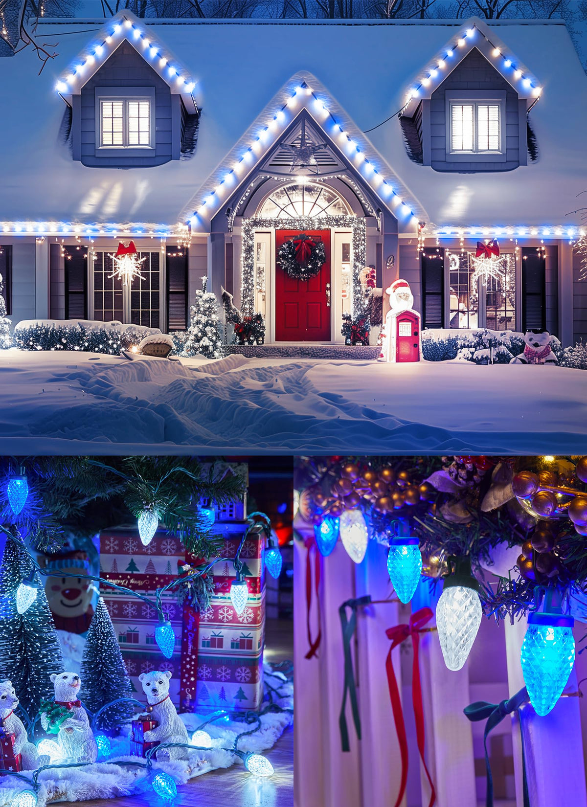 C9 LED Christmas Lights Outdoor, 68 Feet 100 LED C9 String Light with 100 Spring Clips, Waterproof Connectable Christmas Tree Lights for Outside Roofline Patio Home Xmas Decor, Blue & Pure White