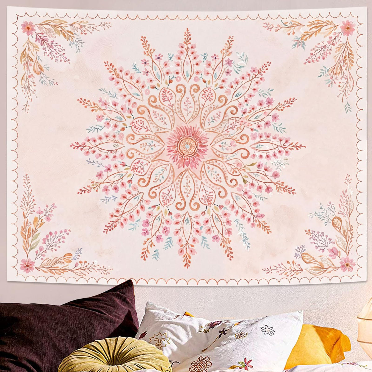 Lunerfex Floral Mandala Tapestry Boho Tapestry for Bedroom Pink Tapestries Wall Hanging Living Room Wall Art and Home Decor 70x90