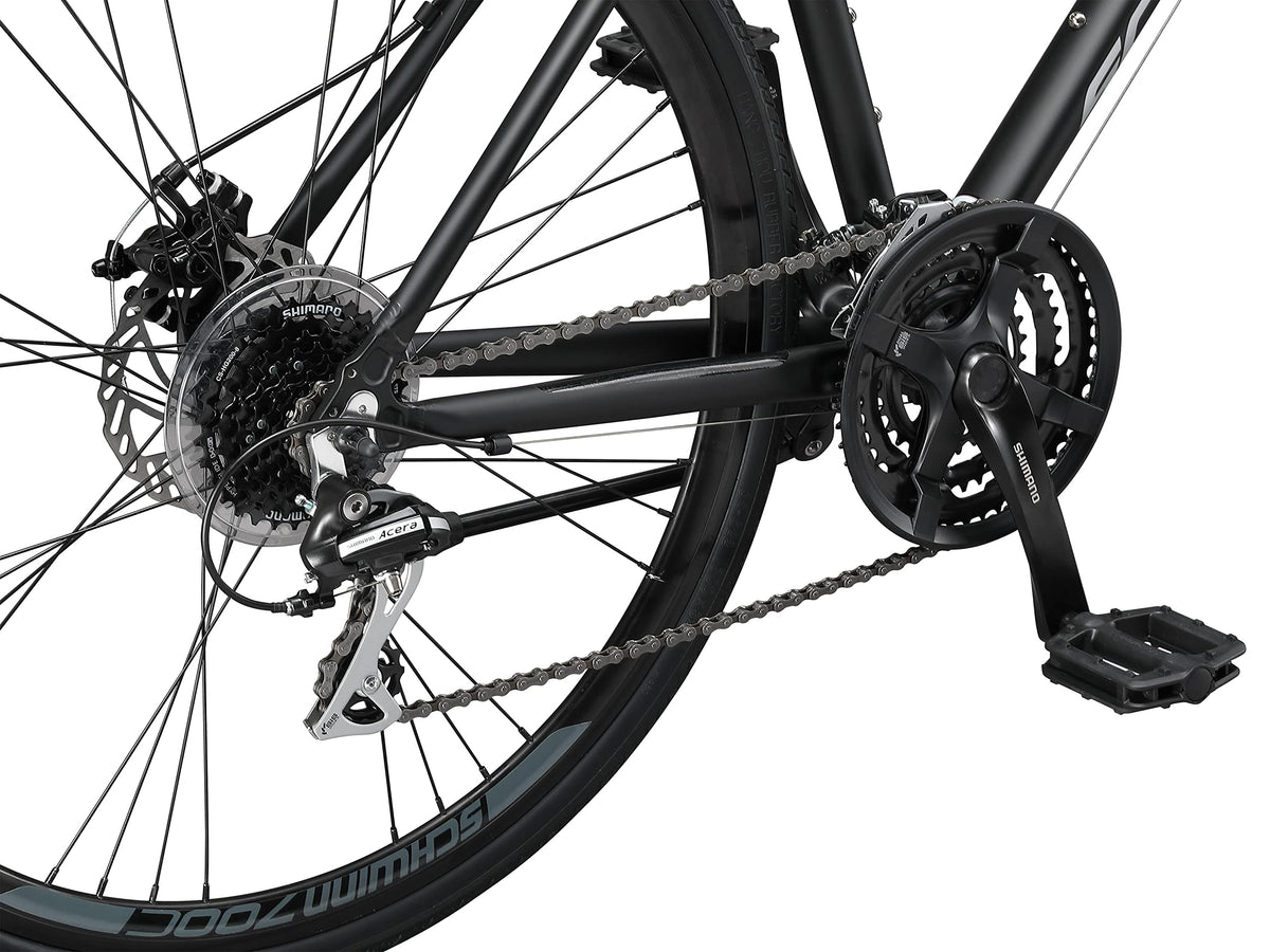 Schwinn Volare 1500 Flat Bar Hybrid Sports Road Bike, Men and Women, 24-Speed, 700c Wheels, 18.5-Inch Aluminum Frame, Mechanical Disc Brakes, Blue/Black