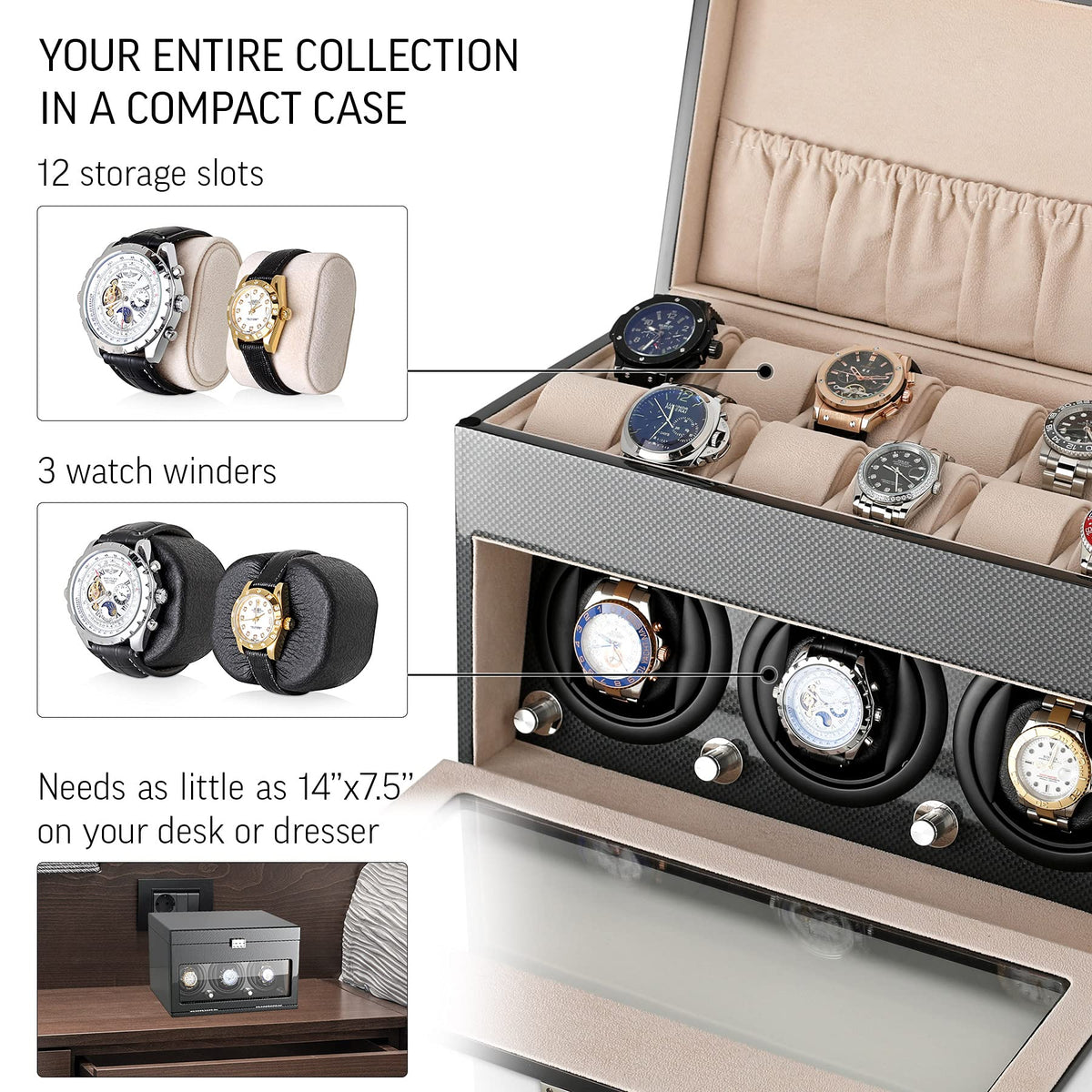 Watch Winder and Storage box for winding 3 Automatic Watches and 12 Watch Storage Space (Carbon + Beige)